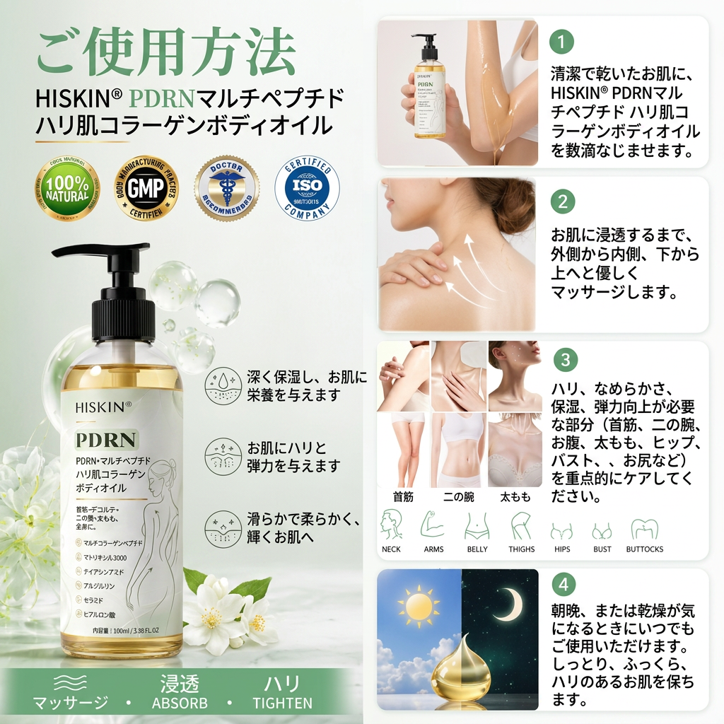 HISKIN® PDRN マルチペプチド ハリ・弾力コラーゲンボディオイル — エイジングケア、保湿ケア、ハリ・弾力ケア、なめらかな肌印象へ導くボディケア、肌トーンケア、ニキビ跡・乾燥による色ムラケア、肌表面の気になる部分のケア。